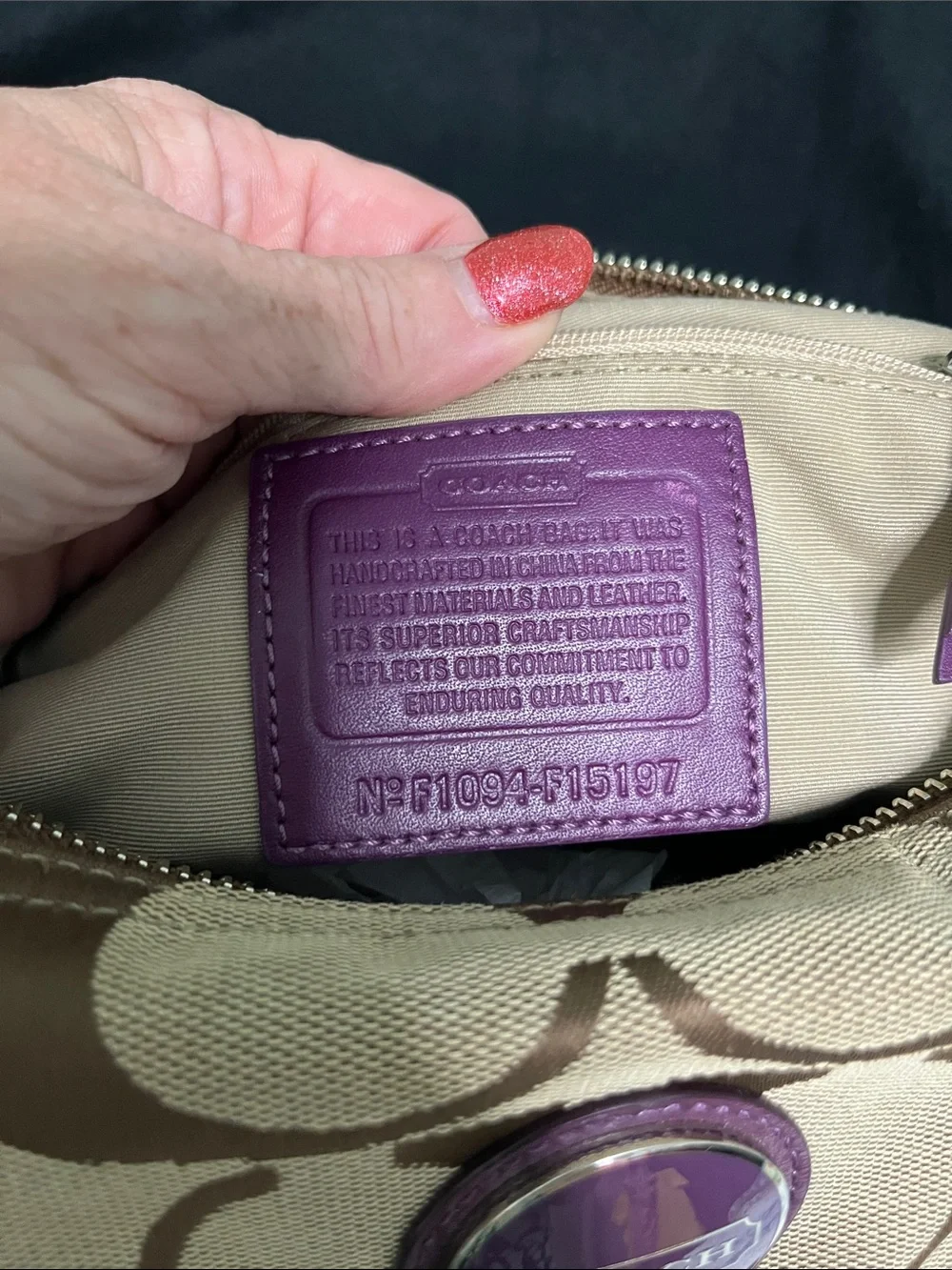 Coach Signature Canvas Shoulder Bag with Purple Trim